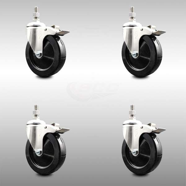 Service Caster 5 Inch 316SS Soft Rubber Swivel 3/8 Inch Threaded Stem Caster Set Lock Brake SCC SCC-SS316TSTTL20S514-SRS-381615-4 - main